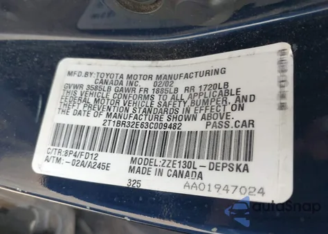 2003 Toyota Corolla S from USA, damaged, VIN 2T1BR32E63C009482